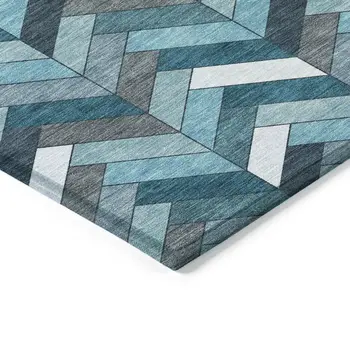 8' X 10' Teal Blue And Ivory Geometric Washable Indoor Outdoor Area Rug