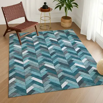 8' X 10' Teal Blue And Ivory Geometric Washable Indoor Outdoor Area Rug