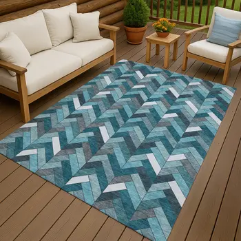 8' X 10' Teal Blue And Ivory Geometric Washable Indoor Outdoor Area Rug