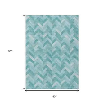 5' X 8' Aqua And Ivory Geometric Washable Indoor Outdoor Area Rug