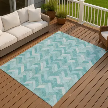 5' X 8' Aqua And Ivory Geometric Washable Indoor Outdoor Area Rug