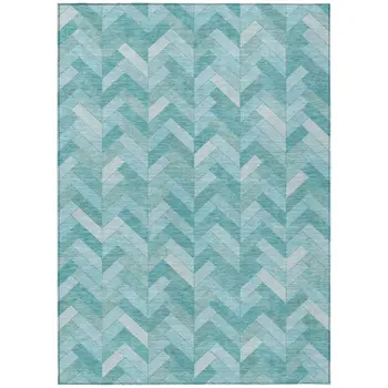 5' X 8' Aqua And Ivory Geometric Washable Indoor Outdoor Area Rug