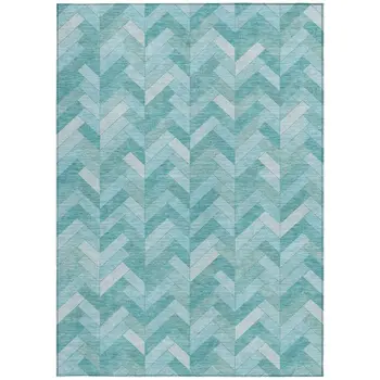 5' X 8' Aqua And Ivory Geometric Washable Indoor Outdoor Area Rug