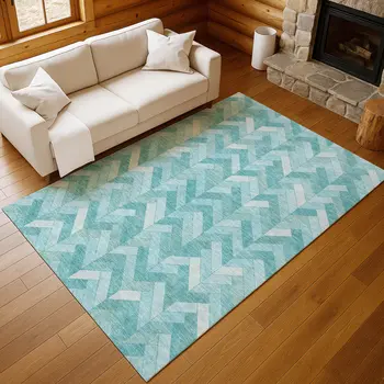 5' X 8' Aqua And Ivory Geometric Washable Indoor Outdoor Area Rug