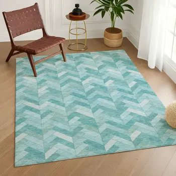 5' X 8' Aqua And Ivory Geometric Washable Indoor Outdoor Area Rug