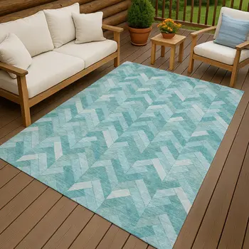 5' X 8' Aqua And Ivory Geometric Washable Indoor Outdoor Area Rug