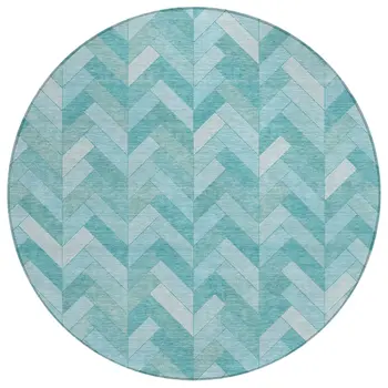 8' Aqua And Ivory Round Geometric Washable Indoor Outdoor Area Rug