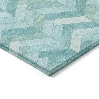 8' Aqua And Ivory Round Geometric Washable Indoor Outdoor Area Rug