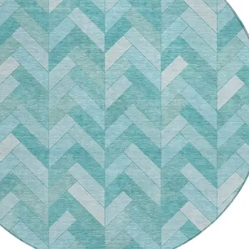 8' Aqua And Ivory Round Geometric Washable Indoor Outdoor Area Rug