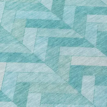 8' Aqua And Ivory Round Geometric Washable Indoor Outdoor Area Rug