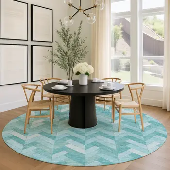 8' Aqua And Ivory Round Geometric Washable Indoor Outdoor Area Rug