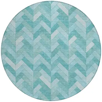 8' Aqua And Ivory Round Geometric Washable Indoor Outdoor Area Rug
