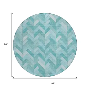 8' Aqua And Ivory Round Geometric Washable Indoor Outdoor Area Rug