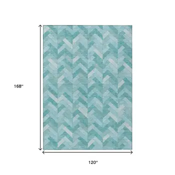 10' X 14' Aqua And Ivory Geometric Washable Indoor Outdoor Area Rug