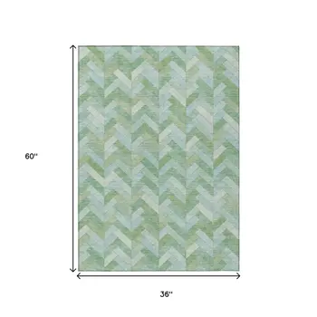 3' X 5' Green And Ivory Geometric Washable Indoor Outdoor Area Rug