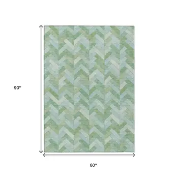 5' X 8' Green And Ivory Geometric Washable Indoor Outdoor Area Rug