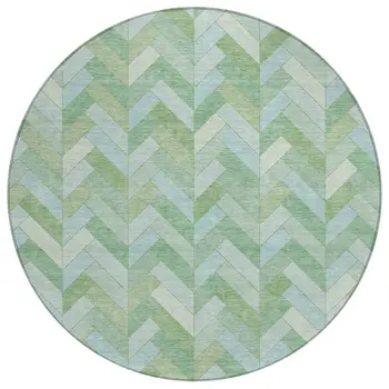 8' Green And Ivory Round Geometric Washable Indoor Outdoor Area Rug