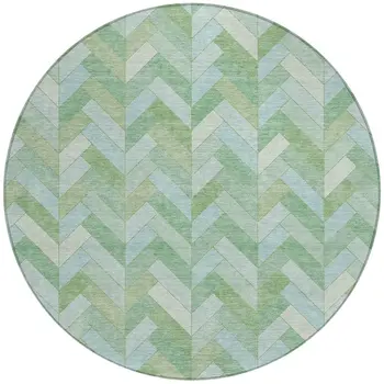 8' Green And Ivory Round Geometric Washable Indoor Outdoor Area Rug