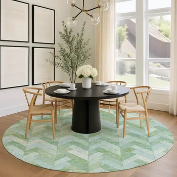 8' Green And Ivory Round Geometric Washable Indoor Outdoor Area Rug
