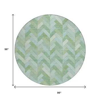 8' Green And Ivory Round Geometric Washable Indoor Outdoor Area Rug