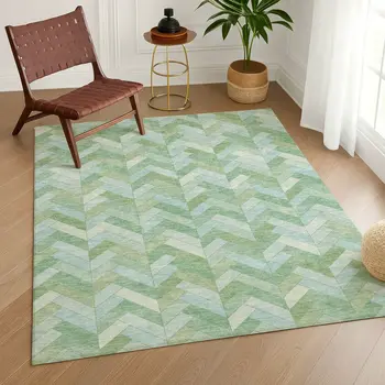 9' X 12' Green And Ivory Geometric Washable Indoor Outdoor Area Rug
