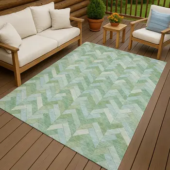 9' X 12' Green And Ivory Geometric Washable Indoor Outdoor Area Rug