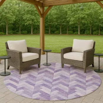 8' Plum And Ivory Round Geometric Washable Indoor Outdoor Area Rug
