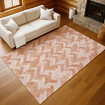 3' X 5' Salmon And Ivory Geometric Washable Indoor Outdoor Area Rug