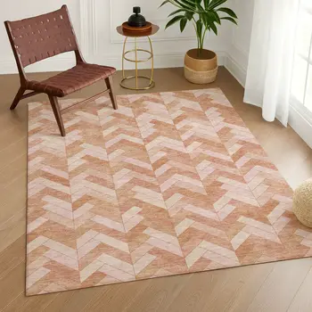 3' X 5' Salmon And Ivory Geometric Washable Indoor Outdoor Area Rug
