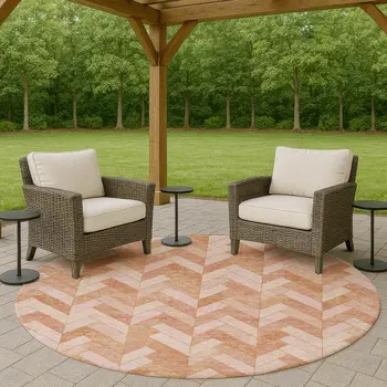 8' Salmon And Ivory Round Geometric Washable Indoor Outdoor Area Rug