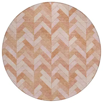 8' Salmon And Ivory Round Geometric Washable Indoor Outdoor Area Rug