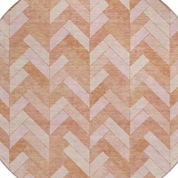 8' Salmon And Ivory Round Geometric Washable Indoor Outdoor Area Rug