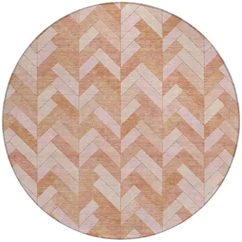 8' Salmon And Ivory Round Geometric Washable Indoor Outdoor Area Rug