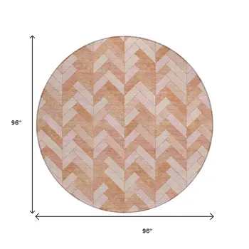 8' Salmon And Ivory Round Geometric Washable Indoor Outdoor Area Rug