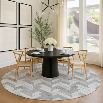 8' Silver And Gray Round Geometric Washable Indoor Outdoor Area Rug