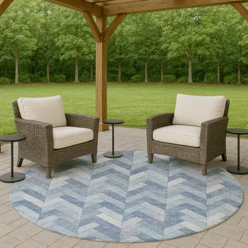 8' Sky Blue And Silver Round Geometric Washable Indoor Outdoor Area Rug