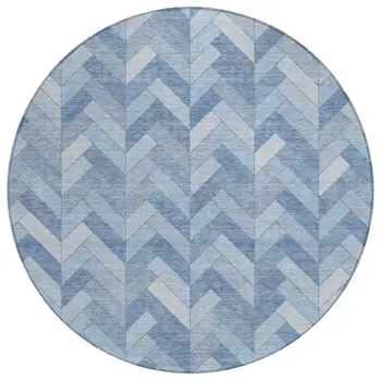 8' Sky Blue And Silver Round Geometric Washable Indoor Outdoor Area Rug
