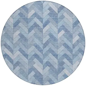 8' Sky Blue And Silver Round Geometric Washable Indoor Outdoor Area Rug