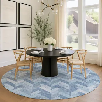 8' Sky Blue And Silver Round Geometric Washable Indoor Outdoor Area Rug