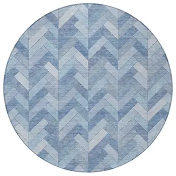 8' Sky Blue And Silver Round Geometric Washable Indoor Outdoor Area Rug