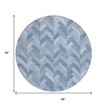 8' Sky Blue And Silver Round Geometric Washable Indoor Outdoor Area Rug