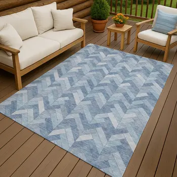 10' X 14' Sky Blue And Silver Geometric Washable Indoor Outdoor Area Rug