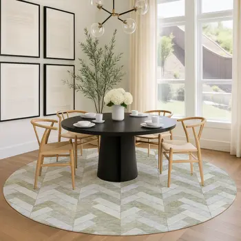 8' Taupe And Beige Round Geometric Washable Indoor Outdoor Area Rug