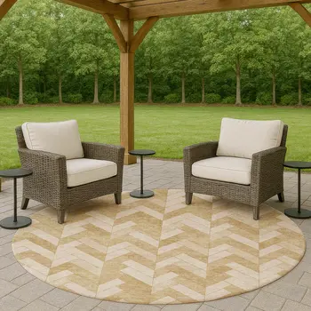 8' Wheat And Beige Round Geometric Washable Indoor Outdoor Area Rug
