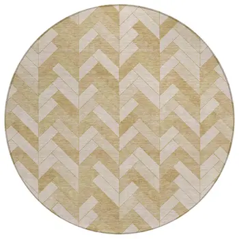 8' Wheat And Beige Round Geometric Washable Indoor Outdoor Area Rug