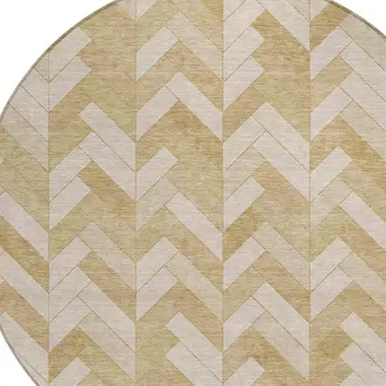 8' Wheat And Beige Round Geometric Washable Indoor Outdoor Area Rug