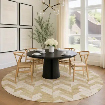 8' Wheat And Beige Round Geometric Washable Indoor Outdoor Area Rug