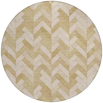 8' Wheat And Beige Round Geometric Washable Indoor Outdoor Area Rug