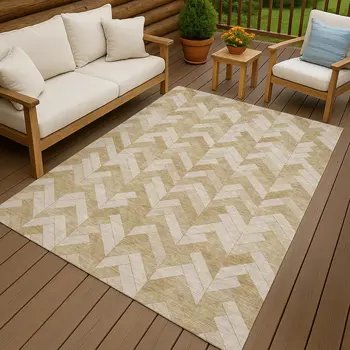 9' X 12' Wheat And Beige Geometric Washable Indoor Outdoor Area Rug
