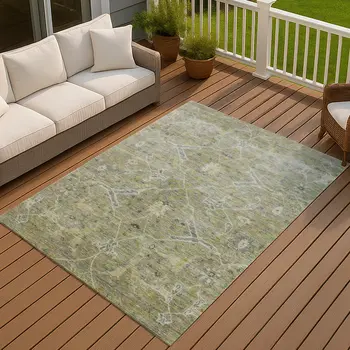 3' X 5' Artichoke Green And Gray Floral Washable Indoor Outdoor Area Rug